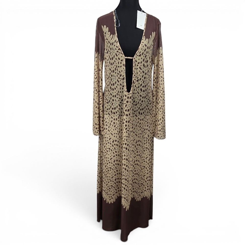 Caroline Constas Brown Tan Geometric Mesh Deep Cover Up Maxi Dress NWT Womens Sm